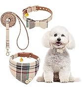 BINGPET Bow Tie Dog Collar with Leash Set - Cute Adjustable Classic Plaid Dog Bandana Collar with...