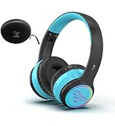 Over-ear headphones in black and bright blue color scheme, shown from multiple angles featuring padded ear cups and adjustable headband.