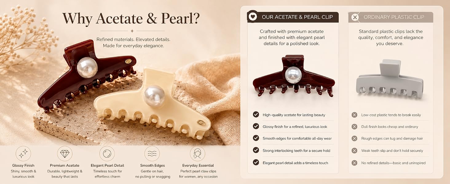 Acetate pearl claw clips compared with ordinary plastic clips for glossy everyday styling