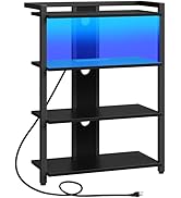 HOOBRO 4-Tier AV Media Stand, Media Console with Charging Station and LED Light, Wooden Stereo Ca...