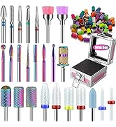 25Pcs Nail Drill Bits Set with Pink Holder and 50Pcs 8 Colors Sanding Bands, Tungsten Carbide Cer...