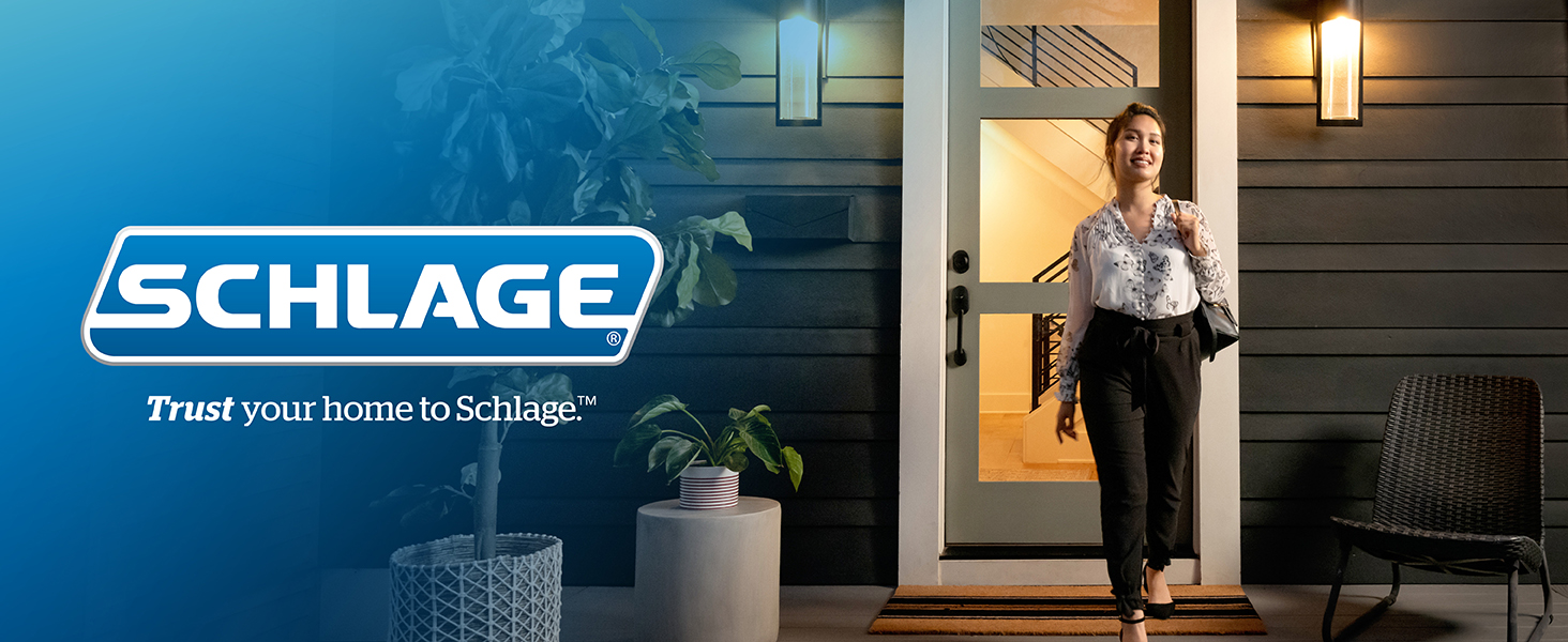 Woman leaving her modern style home with Schlage handle and deadbolt on her front door
