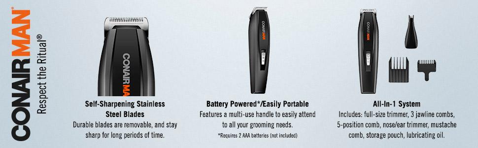 ConairMan All-In-1 Trimmer, Battery Powered, easily portable, stainless steel blades, men's trimmer
