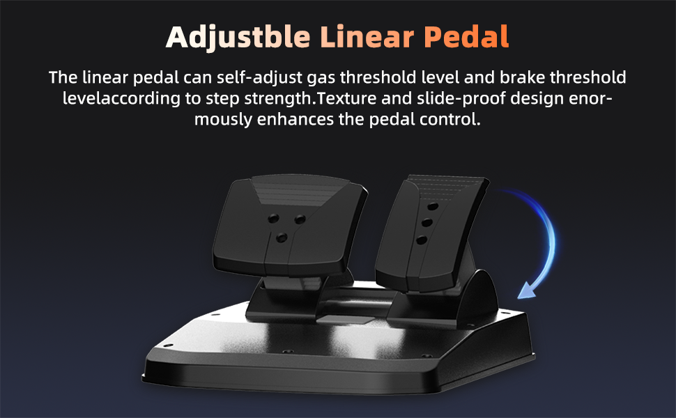 Adjustable linear pedal for gaming or simulation use. Black pedal with blue illumination, featuring self-adjusting gas and brake threshold levels.