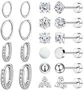 Nunpag 10 Pairs Stainless Steel Stud Earrings Colorful CZ Stud Earrings 20G Stud Earings 8mm 10mm...