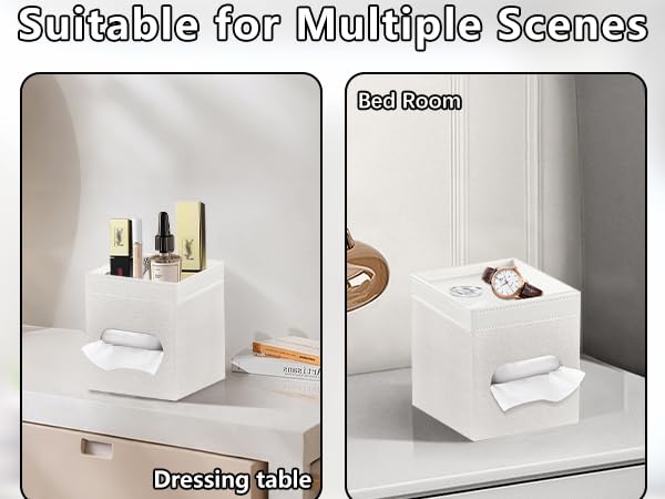 Tissue Box Cover Square, PU Leather Tissue Cube Box Holder with Storage Valet Tray