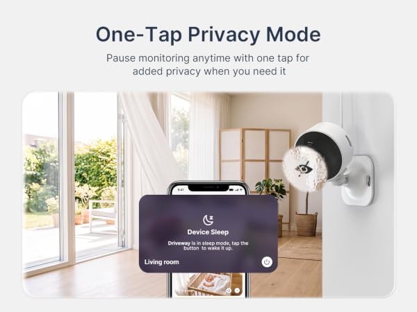 Wall-mounted GNCC GC3 camera and smartphone showing one-tap privacy mode