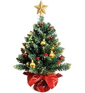 24 Inch Tabletop Christmas Tree, Artificial Mini Xmas Pine Tree with LED String Lights and Orname...