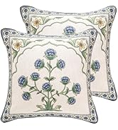 patdrea Designer Throw Pillow Covers Set of 2,Blue Euro Elegant Linen with Blooming Floral Patter...