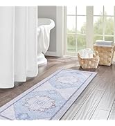 PAGGED Light Blue Long Bathroom Rugs Runner Boho Floral Microfiber Thin Bath Mat Shower Rug Non S...