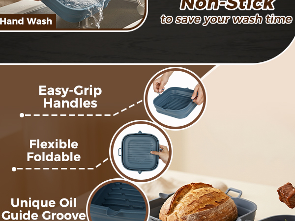 Text reads 'Hand Wash', 'Non-Stick', 'to save your work time', 'Easy-Grip Handles', 'Flexible Foldable', 'Unique Oil Guide Groove'. Product features diagram showing cookware with ergonomic handles, foldable design, and oil guide groove.