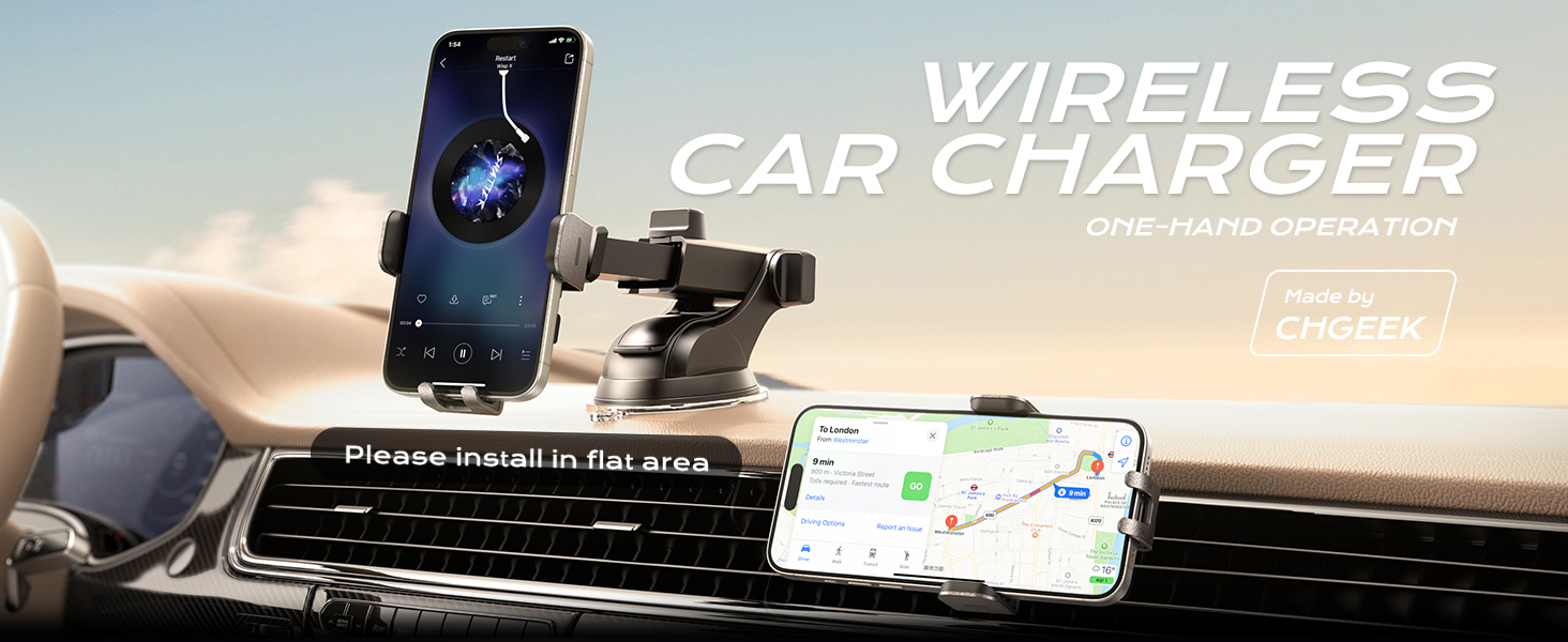 car phone holder with wireless charging function install in car dashboard and car air vent