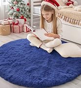OLANLY Navy Blue Round Rugs for Bedroom - Machine Washable, 4x4 Feet Circle Area Rugs for Living ...