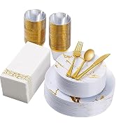 Goodluck 350PCS White and Gold Plastic Dinnerware Set for 50 Guests, Disposable Plates for Party,...