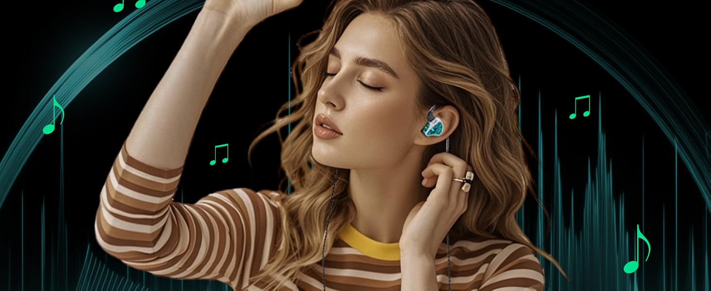 a woman listening to music with headphones.