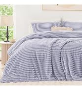 EXQ Home Fluffy Comforter Set Queen Size - Super Soft Faux Fur Stripe Jacquard Comforter 3 Pieces...