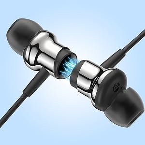 Chrome and black in-ear headphones with blue glow effect around internal components.