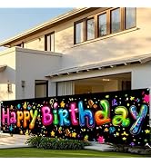 Nuxovilar Happy Birthday Yard Banner - 78.7x17.7" Black Backdrop with Neon Colorful Large Happy B...