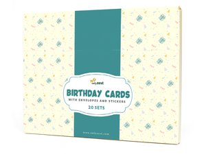 Assorted birthday card pack – 20 sets with envelopes and stickers.