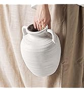 Large White Ceramic Vase - 9.5 Inch Rustic Farmhouse Vase with Handles for Home Decor, Vintage Ta...