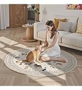 Beige 6Ft Round Area Rugs for Bedroom, Non-Slip Stain Resistant Round Kitchen Dog Rug, Modern Geo...
