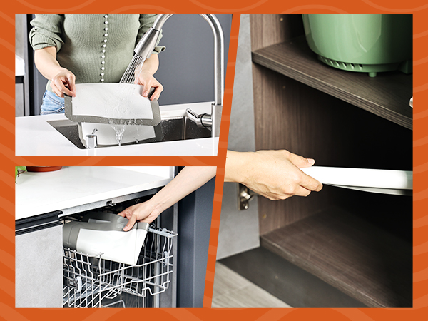 Four-panel demonstration showing cabinet organization process with pull-out shelving installation and dishwasher loading in a kitchen setting.