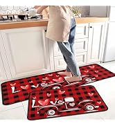 Buffalo Plaid Valentine's Day Kitchen Rugs Set of 2, Red Truck Love Heart Decorative Non-Slip Mat...