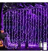 JMEXSUSS 300LED Purple Halloween Lights with Remote, Curtain Hanging Light Plug in, 8 Modes Purpl...