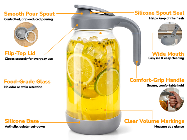 Glass Pitcher with Pour Spout Lid 2 Quart Mason Jar Pitcher