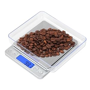 coffee beans on a digital scale