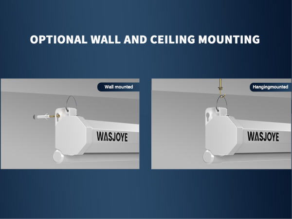 White projector screen mount with optional wall and ceiling mounting. Two panels show 'Wall mounted' and 'Hanging mounted' configurations. Product labeled 'WASJOYE'.