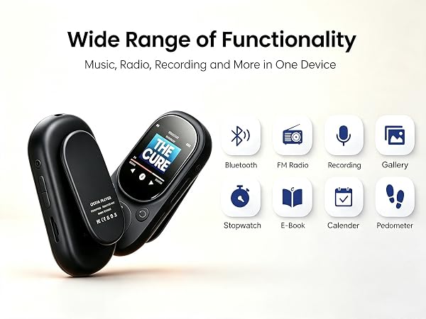 All in one portable sports MP3 player featuring step counter, voice recorder and FM radio