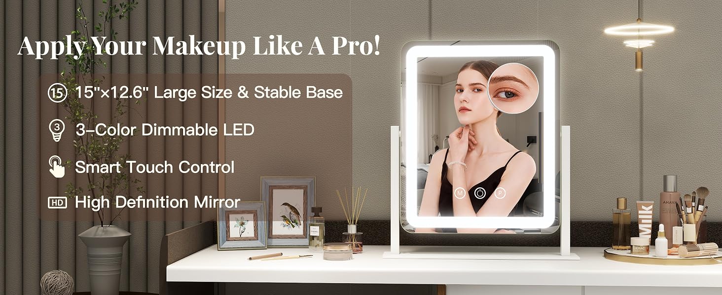 FENNIO Vanity Mirror with Lights LED Lighted Makeup Mirror, Large Makeup Mirror with Lights