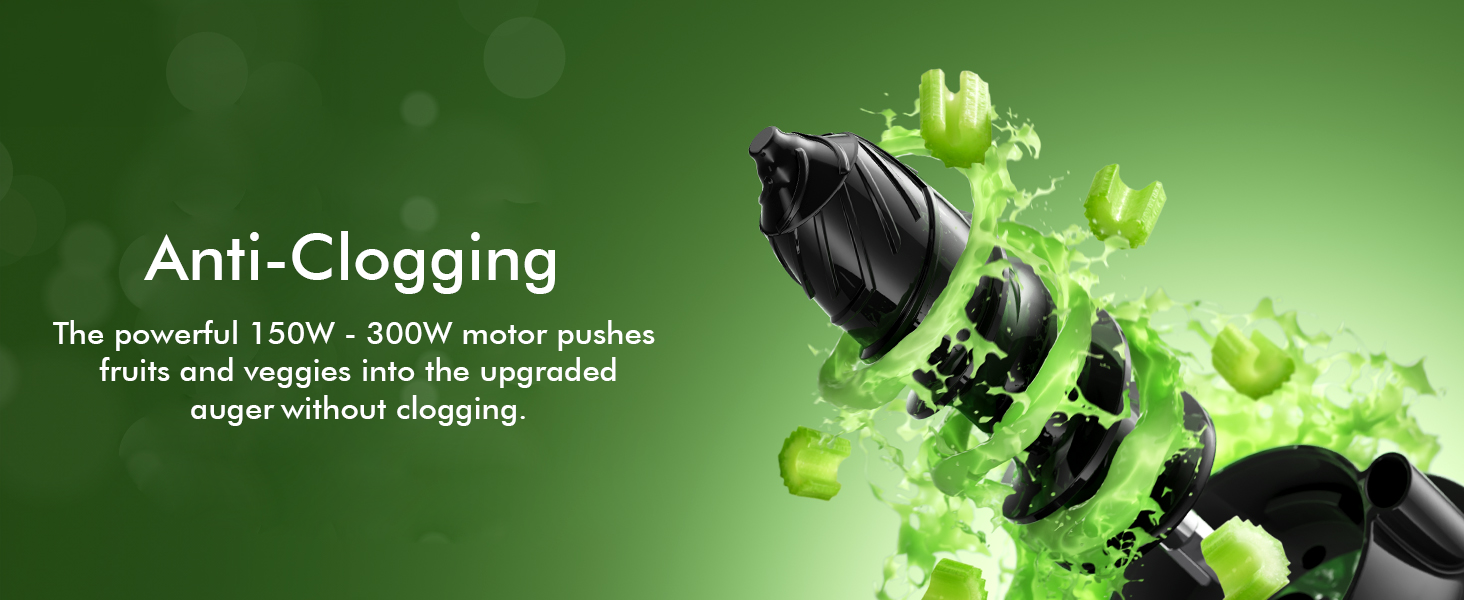 Masticating juicer auger extracting celery juice with double injection iron core motor.