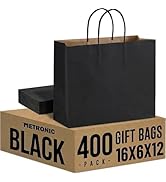 METRONIC 400 Pack Black Paper Bags 16x6x12 inch,XLarge Kraft Craft Gift Bag Bulk with Handles,Rec...