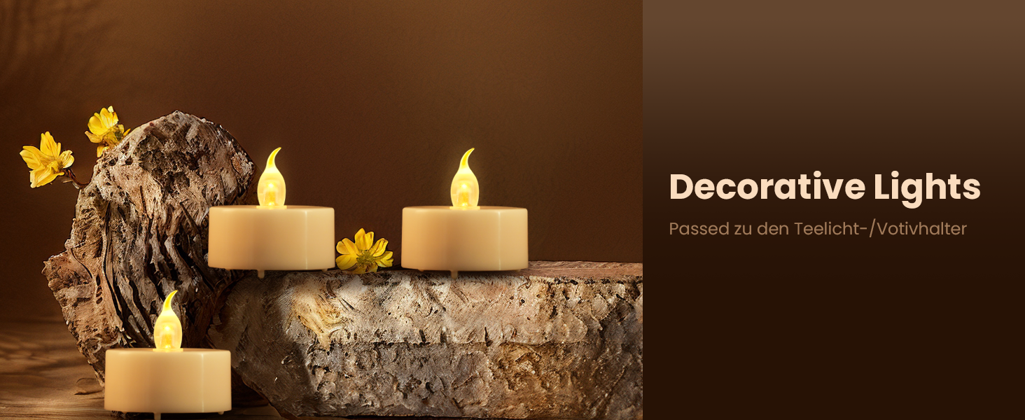 Flameless LED candles with flickering yellow flames on textured wood surfaces. Decorative autumn leaves add ambiance to the rustic scene.