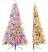 Goplus 7 FT Half Snow Flocked Christmas Tree, Pre-Lit Artificial Hinged Xmas Tree with 852 PE & P...