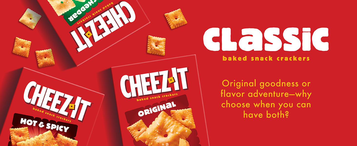 Overhead view of 3 boxes of Cheez-It crackers in different flavors on a red background, Classic