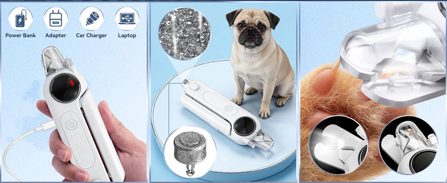 Type-C USB rechargeable pet nail trimmer with diamond bit and nail collector.
