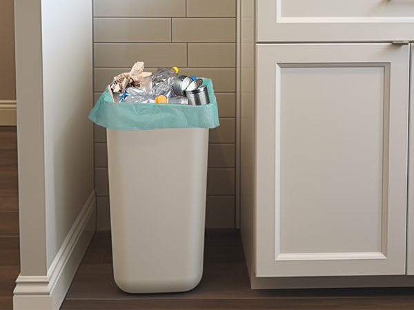 The 6 gallon garbage bag next to the cabinet