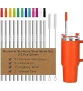 Newly Upgraded 8.5In Reusable Stainless Steel Straws Set 12 PCS with 12 Silicone Tips, 2 Straw Br...
