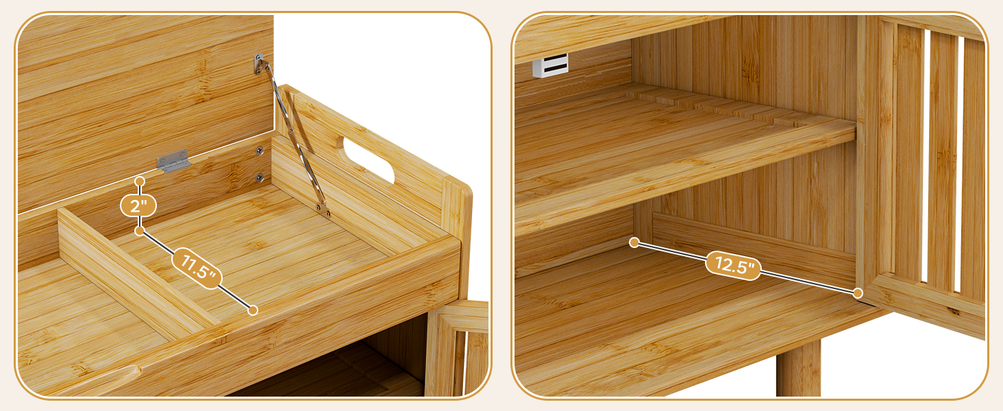 Shoe Storage Bench, Bamboo Entryway Bench with 2 Doors & Padded Seat Cushion