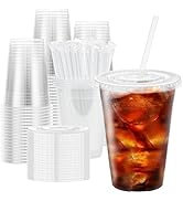 Clawsoff 100 Pack 16 oz Plastic Cups with Lids and Straws, Disposable Clear Coffee Cups with Lids...