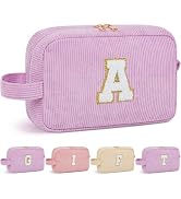 WELIDAY Personalized Initial Makeup Bag, Travel Chenille Patch Cosmetic Bag, Preppy Corduroy Toil...