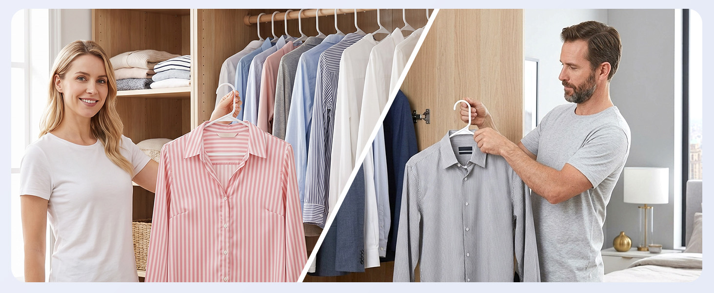 Woman in casual outfit organizing her closet with white plastic hangers. She easily places a blouse.
