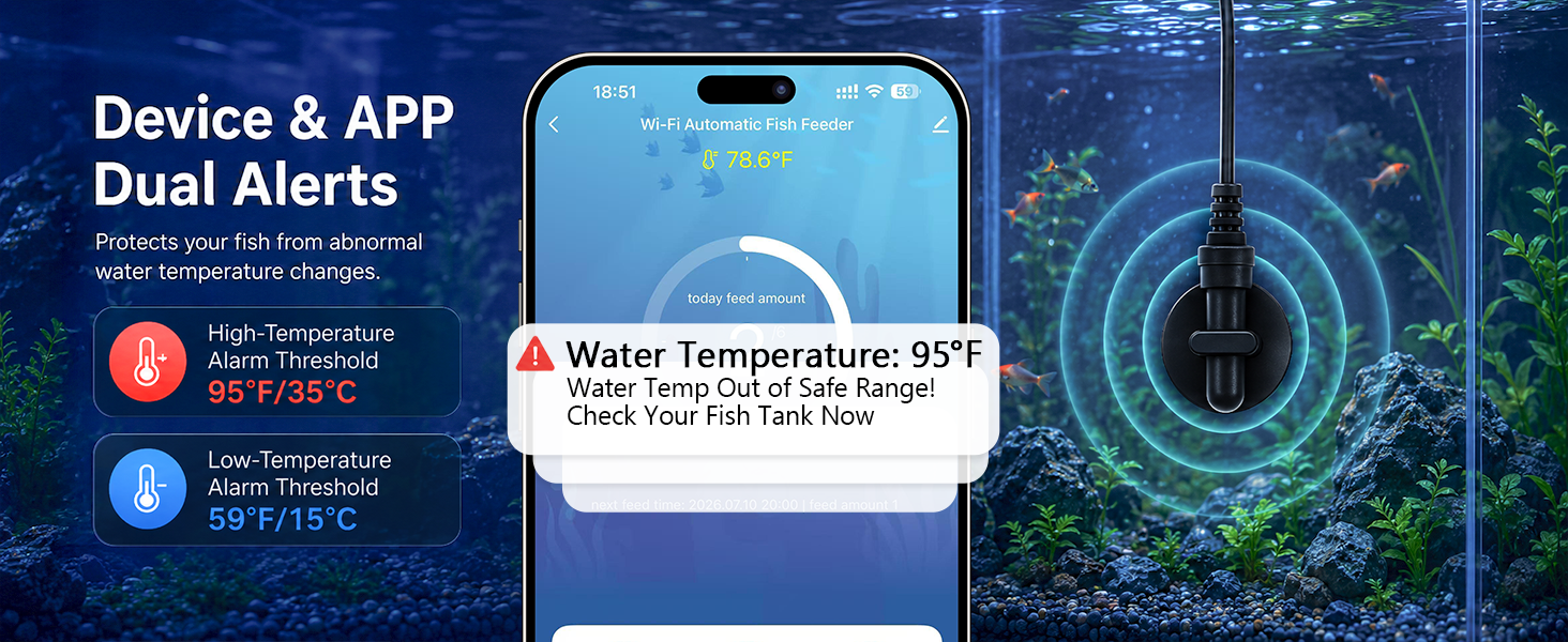 Device & APP Dual Alerts: Protects your fish from abnormal water temperature changes.