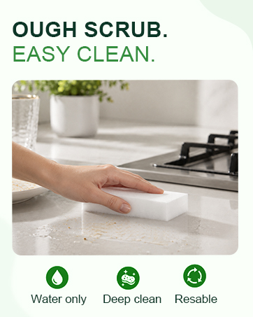 Hand cleaning a counter with a white melamine sponge. Text: Tough scrub. Easy clean.