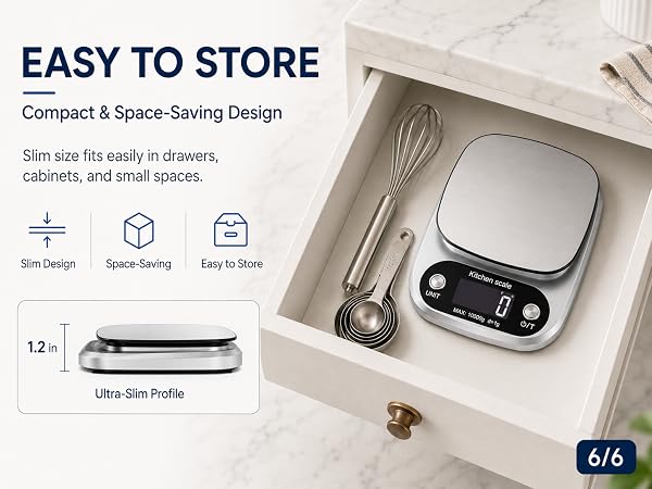 Compact digital kitchen scale with a slim design for easy drawer storage.
