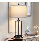 luxeflow 27in Tall Farmhouse Table Lamp with USB C+A & Outlet,Black Industrial End Table Lamp for...