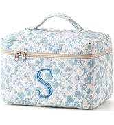 HBselect Initial Makeup Bag, Quilted Makeup Bag, Cotton Large Travel Makeup Bag, Cute Floral Coqu...